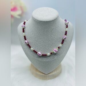 Ceramic Flower Beaded Necklace, Bohemian Style Necklace Pink